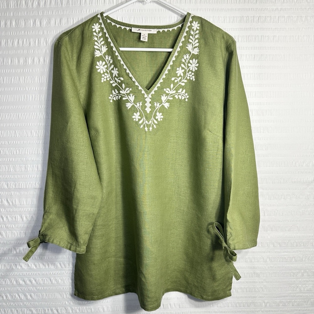 JM Collection Womens 12 Linen Tunic Top Olive Green Embroidered 3/4 Sleeve